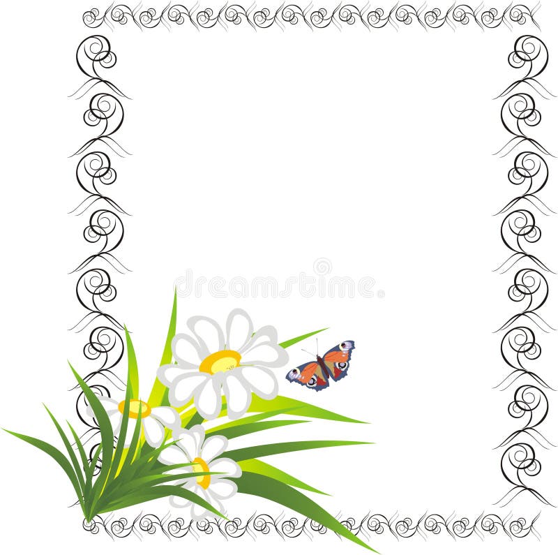 Manzanillas y mariposa en el marco decorativo libre illustration Manzanillas y mariposa en el marco decorativo libre illustration