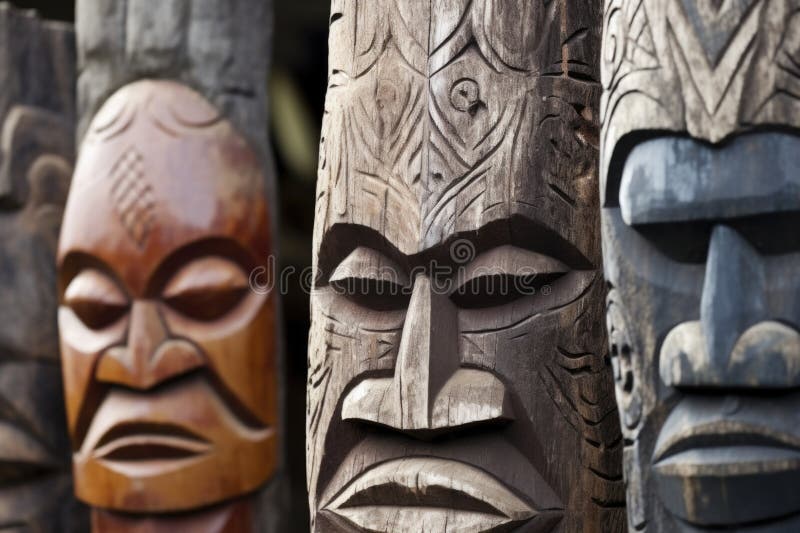 Maori rzeźbione figury z kamienia w bliskim widoku ilustracja wektor