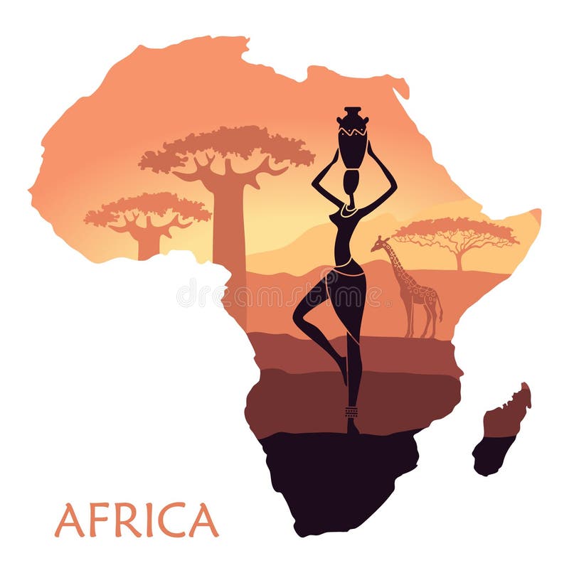 Map of Africa with the landscape of sunset in the Savannah, the woman, a giraffe and baobab. Vector background