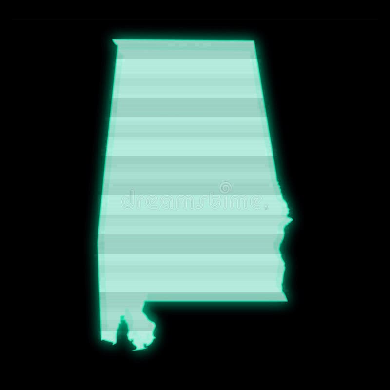 Map of Alabama, old green computer terminal screen, on dark background