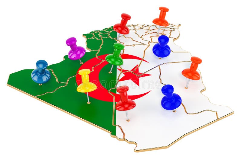 Map of Algeria with colored push pins, 3D rendering stock illustration
