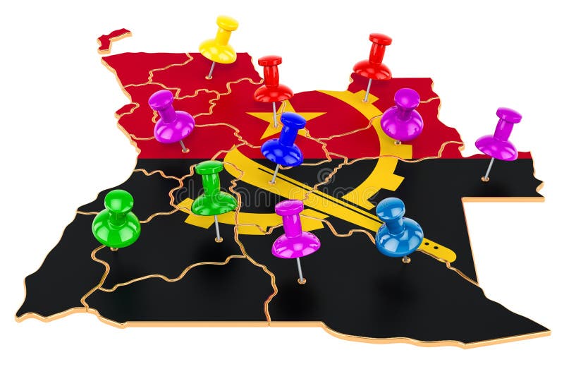 Map of Angola with colored push pins, 3D rendering vector illustration