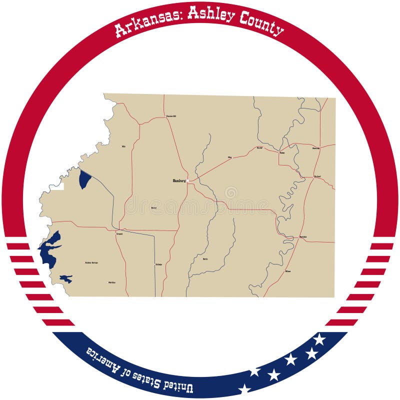 Map of Ashley County in Arkansas, USA. Stock Vector Illustration of