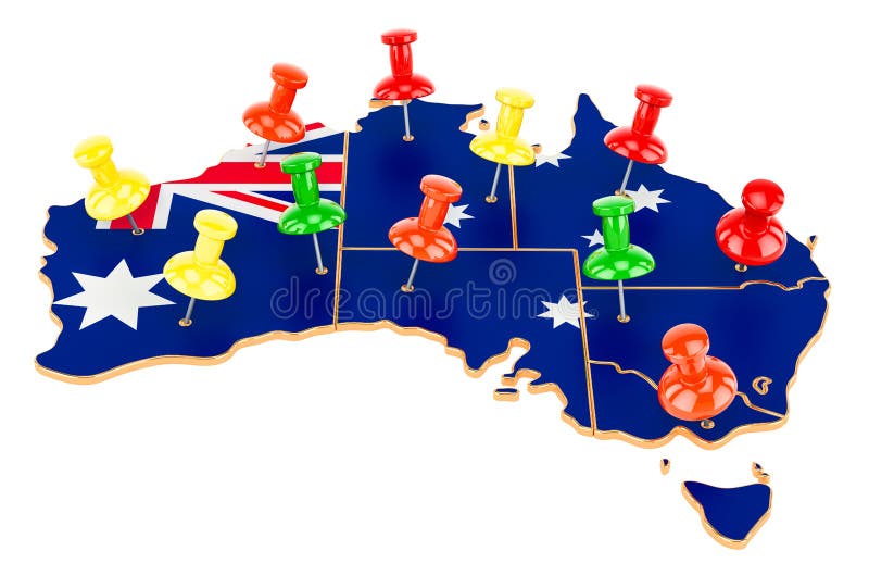 Map of Australia with colored push pins, 3D rendering stock illustration