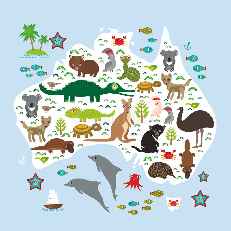 Map of Australia. Echidna Platypus ostrich Emu Tasmanian devil Cockatoo parrot Wombat snake turtle crocodile kangaroo dingo vector illustration Map of Australia. Echidna Platypus ostrich Emu Tasmanian devil Cockatoo parrot Wombat snake turtle crocodile kangaroo dingo vector illustration