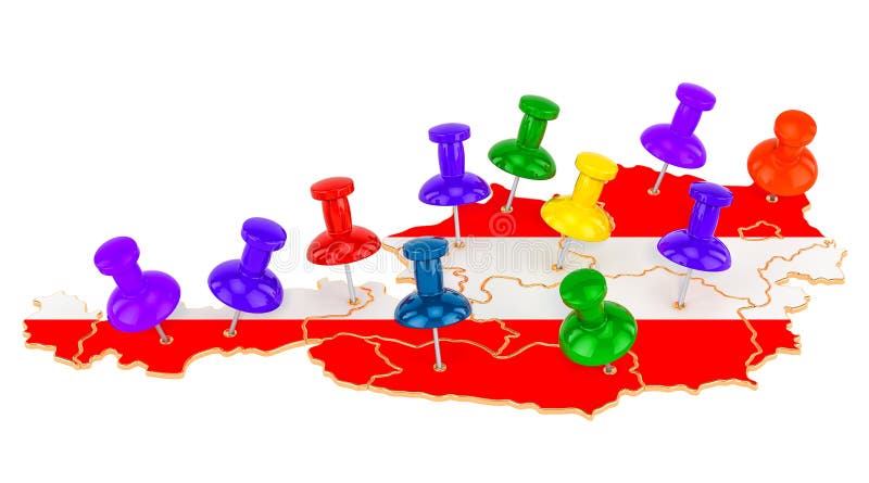 Map of Austria with colored push pins, 3D rendering vector illustration
