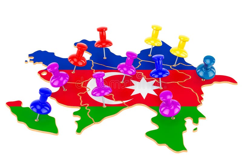 Map of Azerbaijan with colored push pins, 3D rendering stock illustration
