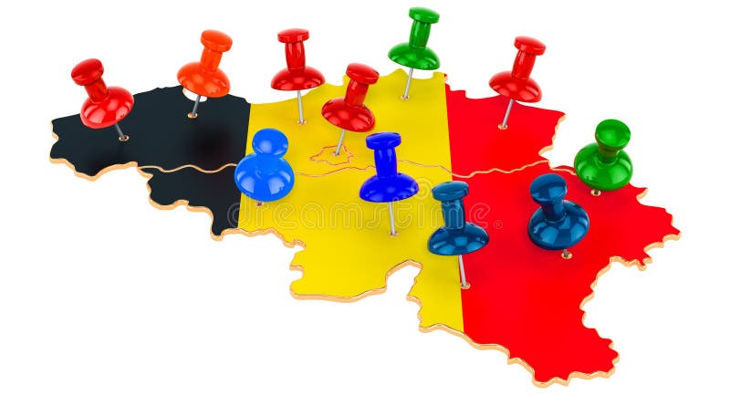 Map of Belgium with colored push pins, 3D rendering royalty free illustration