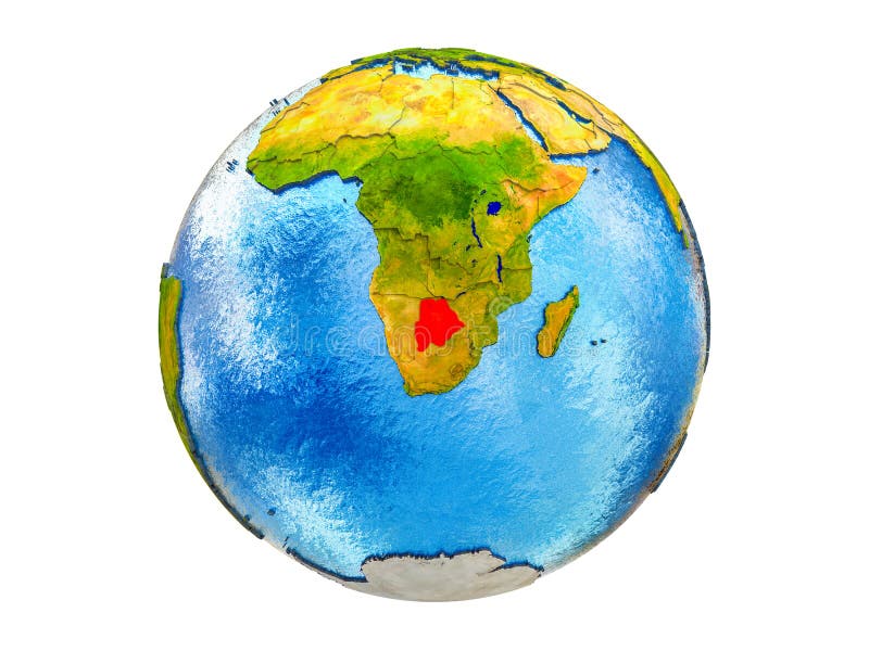 Botswana on 3D model of Earth with country borders and water in oceans. 3D illustration isolated on white background. Botswana political map stock images, royalty-free photos and pictures