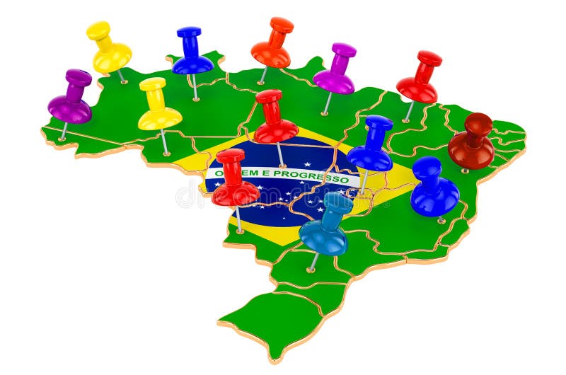 Map of Brazil with colored push pins, 3D rendering vector illustration