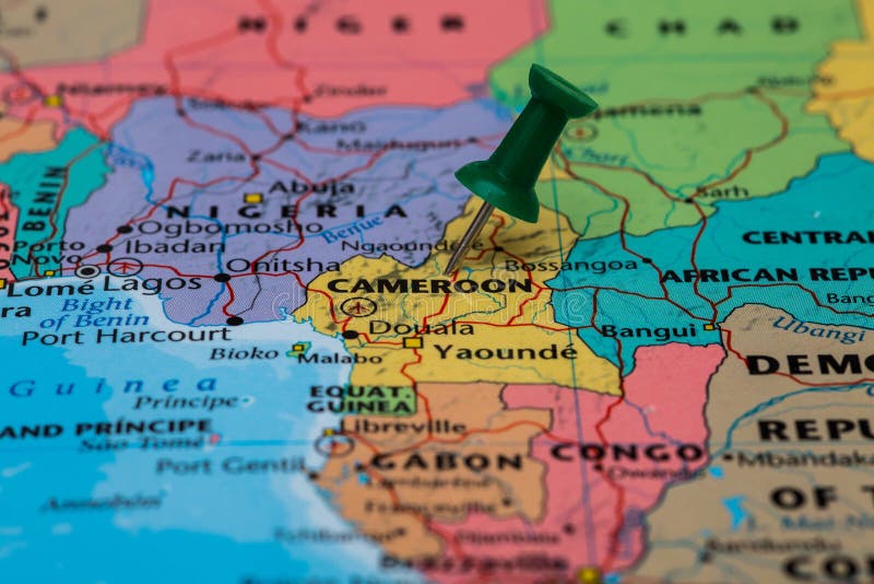 Map of Cameroon with a green pushpin stuck. Cameroon road map stock images, royalty-free photos and pictures