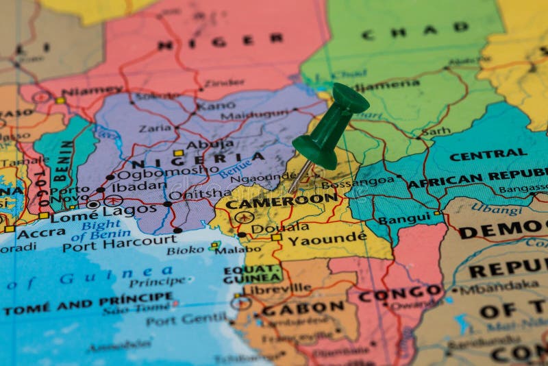 Map of Cameroon with a green pushpin stuck. Cameroon road map stock images, royalty-free photos and pictures