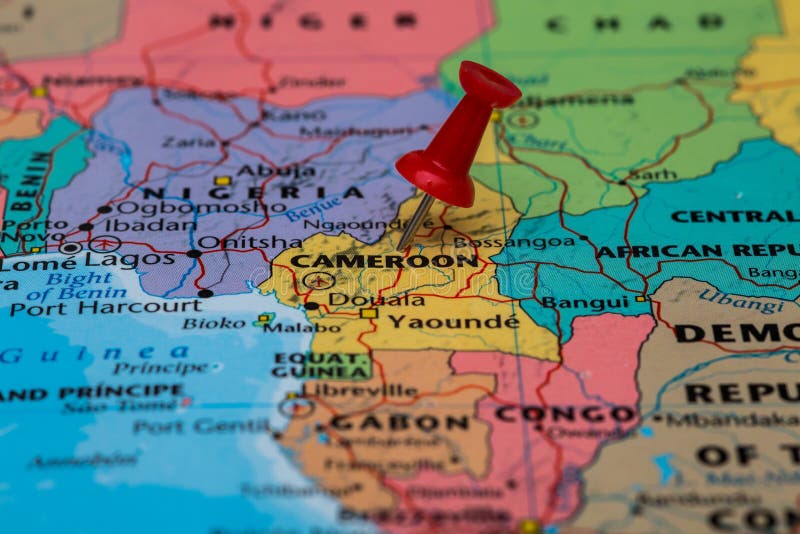 Map of Cameroon with a red pushpin stuck. Cameroon road map stock images, royalty-free photos and pictures