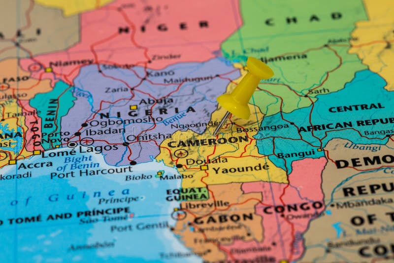 Map of Cameroon with a pushpin stuck. Cameroon road map stock images, royalty-free photos and pictures