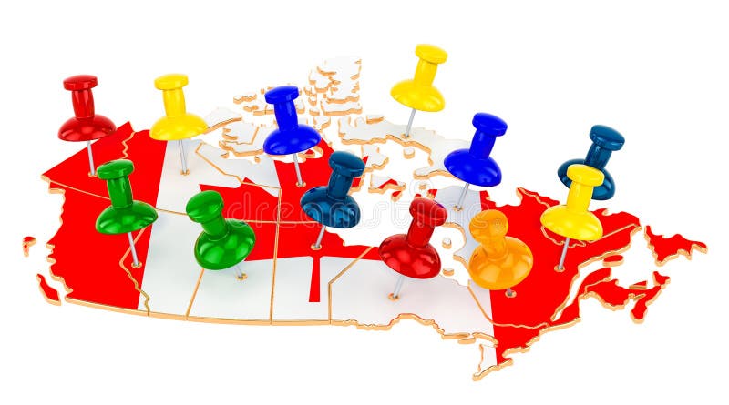 Map of Canada with colored push pins, 3D rendering royalty free illustration
