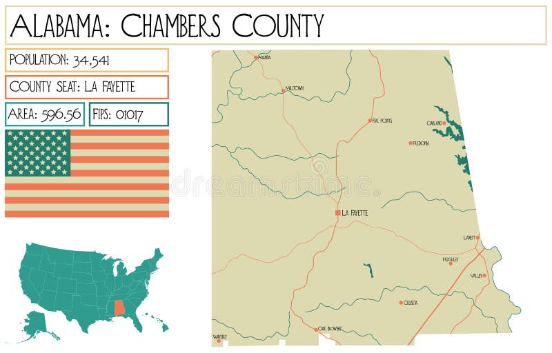 Map of Chambers County in Alabama, USA. Stock Vector Illustration of