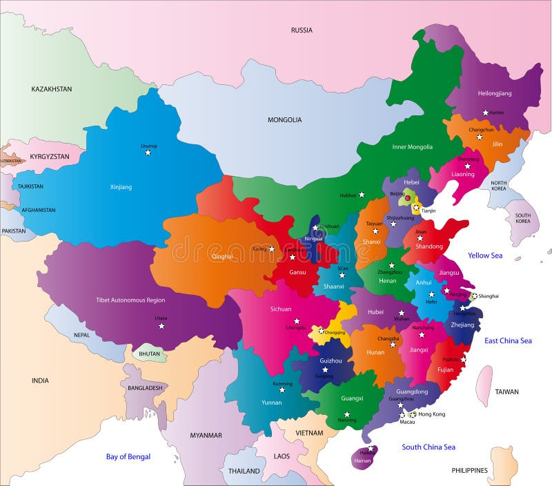 Čína mapa navržen v ilustraci s regiony barvy v jasných barvách a s hlavní města.