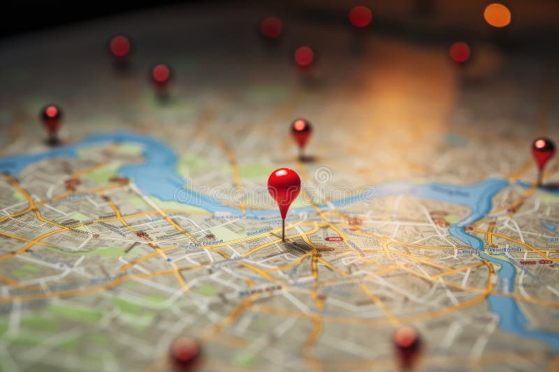 Map of the city on a map of the European Union with red pins, Location marking with a pin on a map with visible routes, AI stock illustration