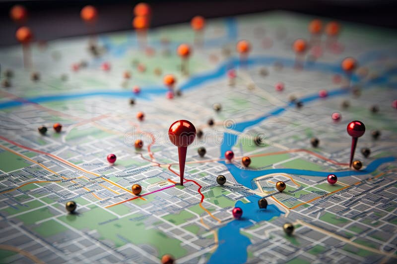Map of the city with red pins. Travel and tourism concept, Location marking with a pin on a map with visible routes, vector illustration.