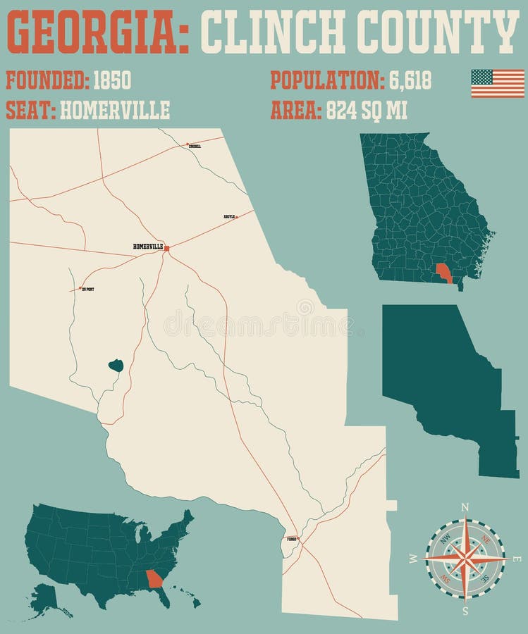 Map of Clinch County in Stock Vector Illustration of cartography, america 198806520