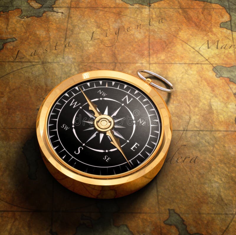 Starý fashoned mosadzný kompas na Poklad, mapa na pozadí.