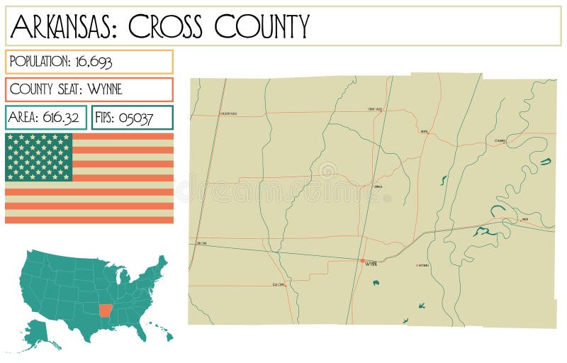 Map of Cross County in Arkansas, USA. Stock Vector Illustration of