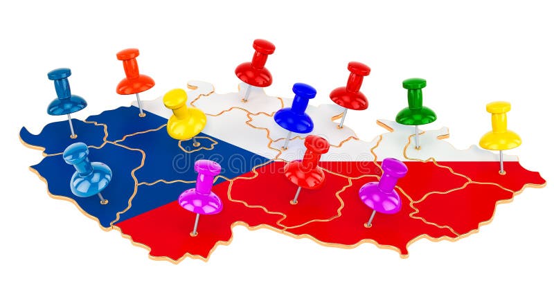 Map of Czech Republic with colored push pins, 3D rendering stock illustration