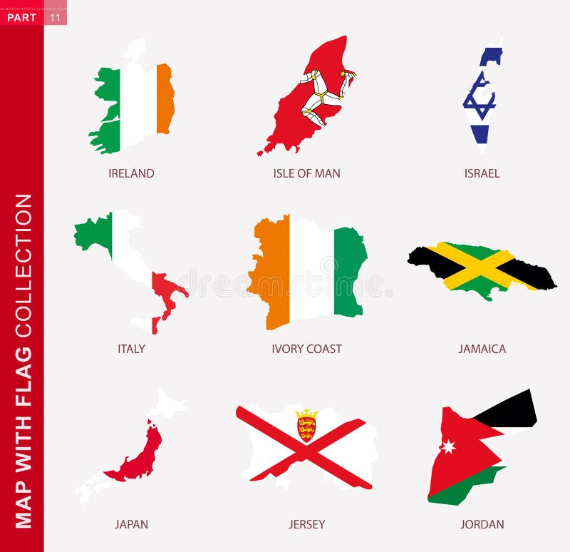 Map with flag collection, nine map contour with flag vector illustration