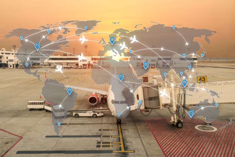 Map of flight routes airplanes network use for global travel, import,export,logistics network concept. Global network connection map stock images, royalty-free photos and pictures
