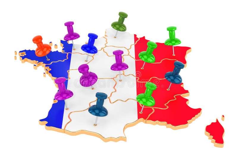 Map of France with colored push pins, 3D rendering stock illustration