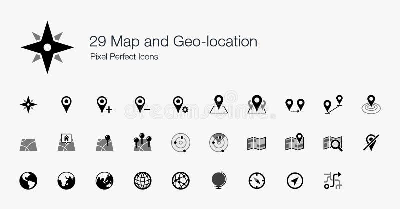 29 Map and Geo-location Pixel Perfect Icons royalty free illustration