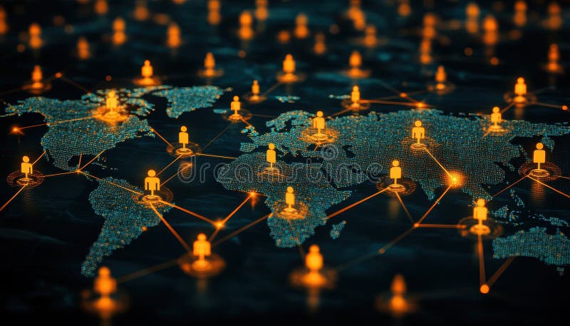 A visual representation of a global network, featuring glowing nodes and human icons connecting various locations across a digital world map. Glowing analytics stock images, royalty-free photos and pictures