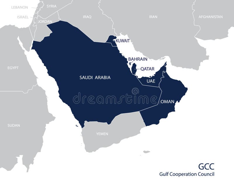 Map of the Gulf Cooperation Council GCC`s members. Vector
