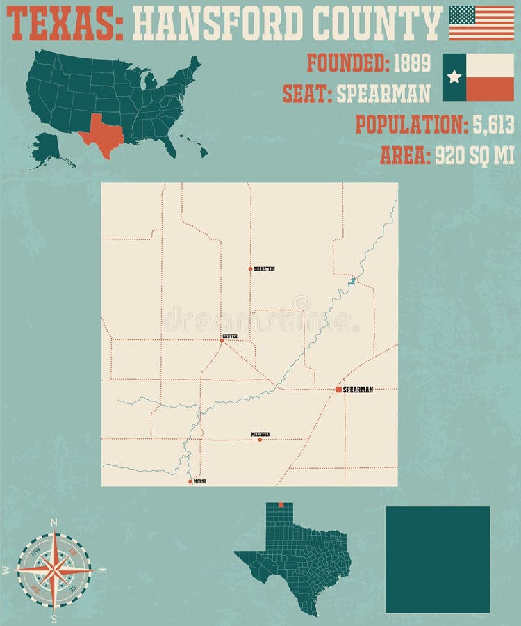Map of Hansford County in Texas Stock Vector Illustration of rivers