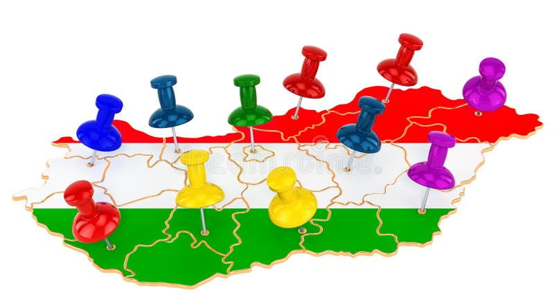Map of Hungary with colored push pins, 3D rendering royalty free illustration