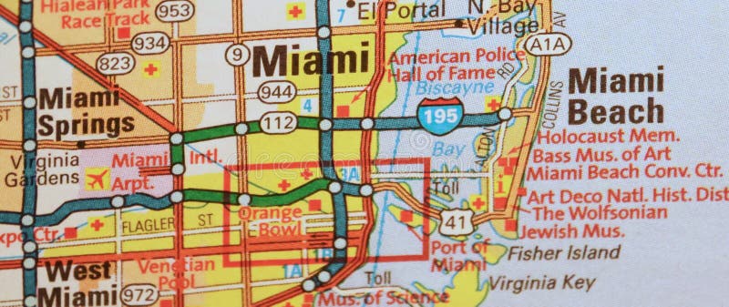 Map Image of Miami Florida. Shows major interstates and highways, landmarks, nearby cities. Could represent cartography, travel, navigation and tourism.