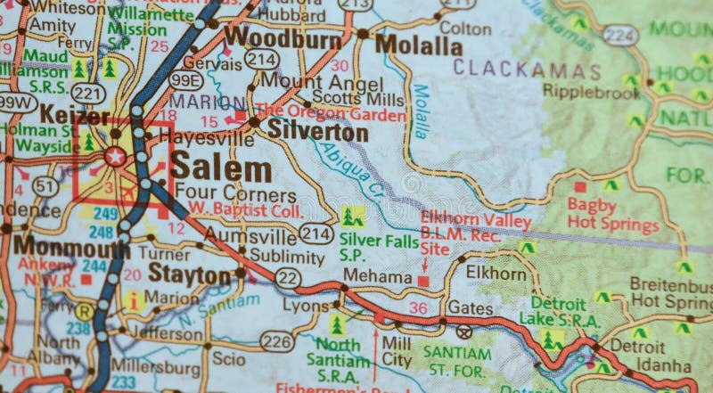 Map Image of Salem, Oregon. Shows major interstates and highways, landmarks, nearby cities. Could represent cartography, travel, navigation and tourism. Map Image of Salem, Oregon. Shows major interstates and highways, landmarks, nearby cities. Could represent cartography, travel, navigation and tourism.