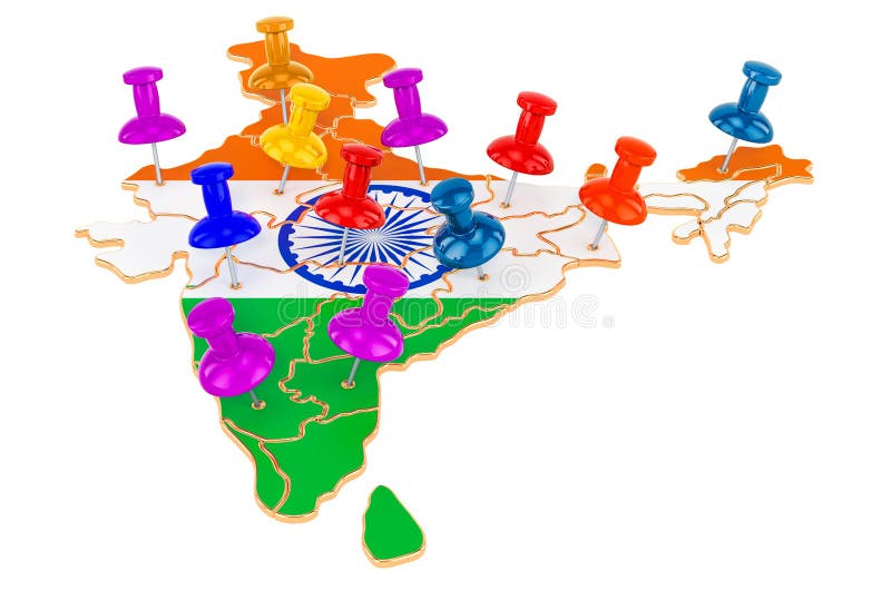 Map of India with colored push pins, 3D rendering stock illustration