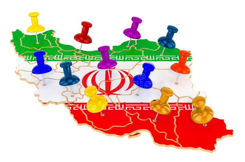 Map of Iran with colored push pins, 3D rendering royalty free illustration