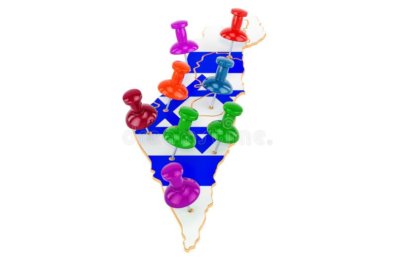 Map of Israel with colored push pins, 3D rendering vector illustration