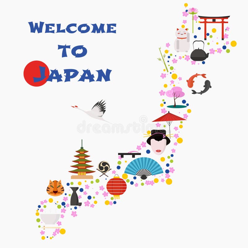 Map of Japan vector illustration, design. Icons with Japanese gate, animals