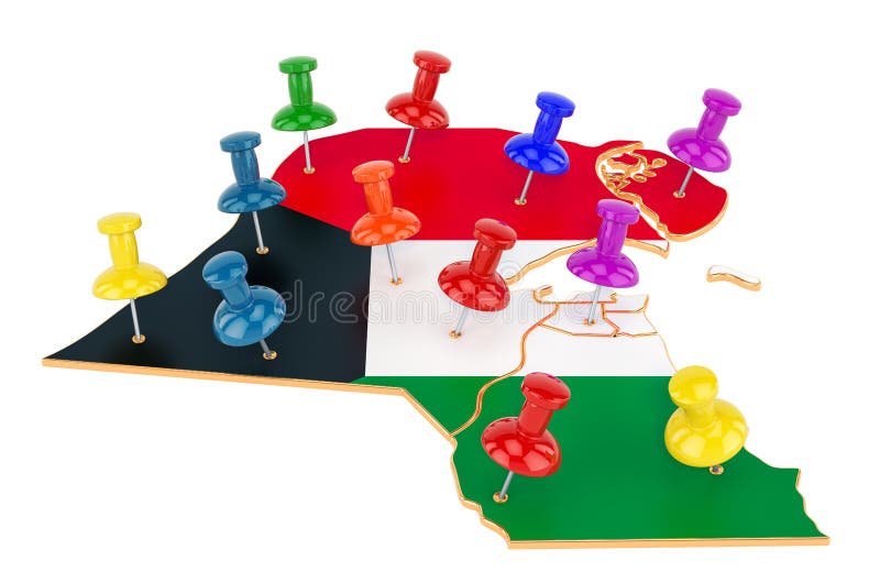 Map of Kuwait with colored push pins, 3D rendering stock illustration