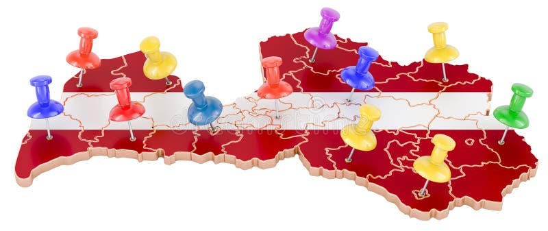 Map of Latvia with colored push pins, 3D rendering royalty free illustration