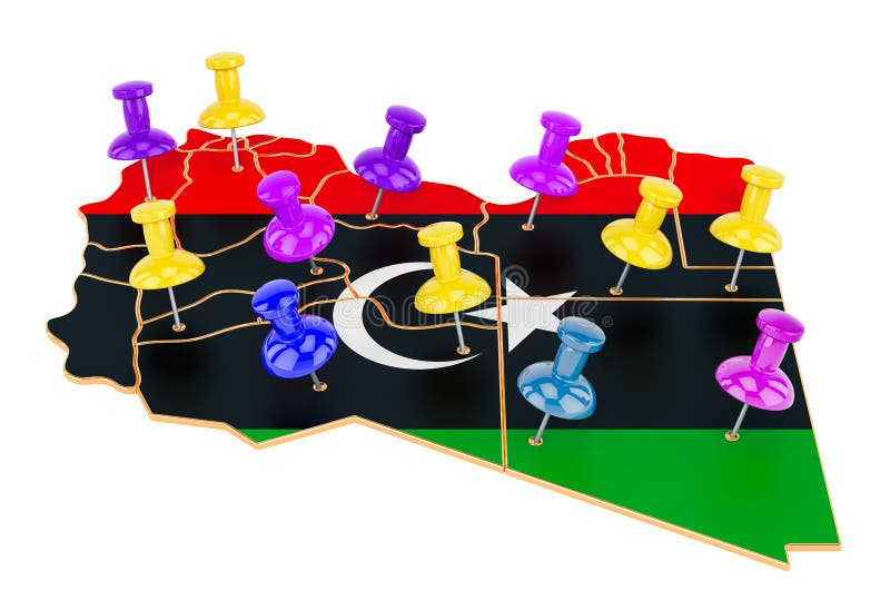 Map of Libya with colored push pins, 3D rendering vector illustration
