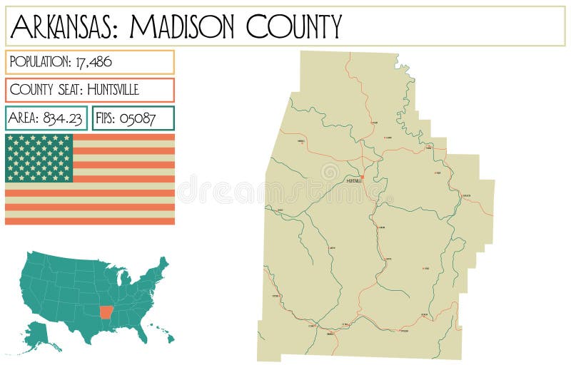 Map of Madison County in Arkansas, USA. Stock Vector Illustration of