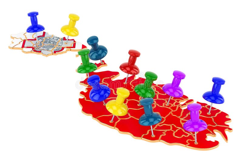 Map of Malta with colored push pins, 3D rendering stock illustration