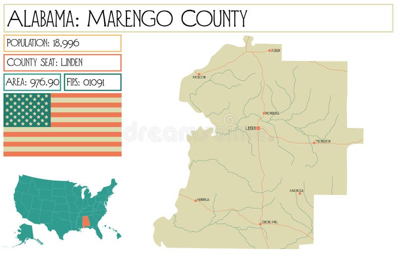 Map of Marengo County in Alabama, USA. Stock Vector Illustration of