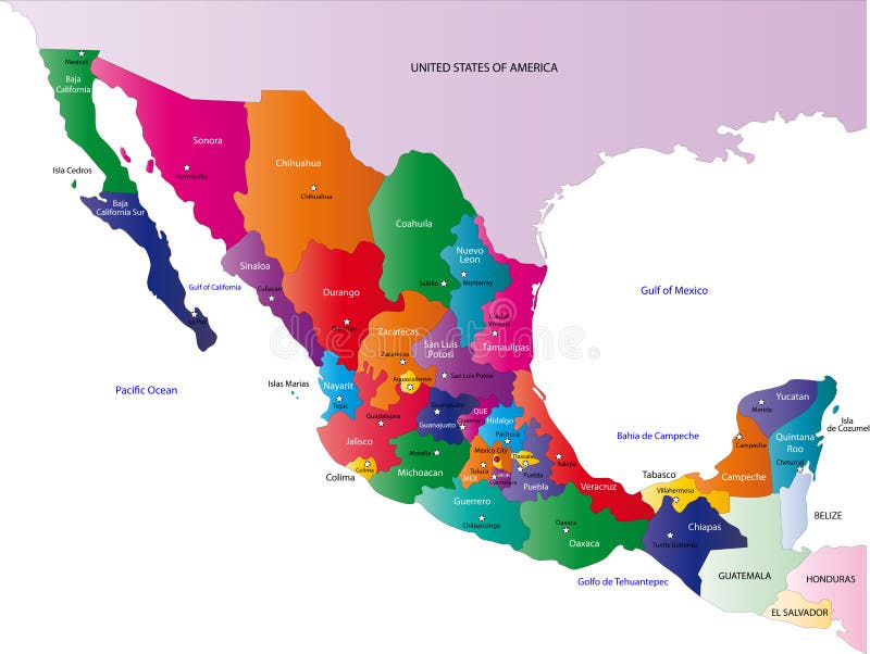 Mexiko mapu vytvořenou v ilustraci se státy barvy v jasných barvách a s hlavní města.