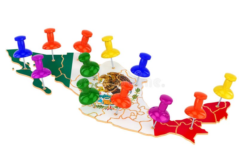 Map of Mexico with colored push pins, 3D rendering royalty free illustration