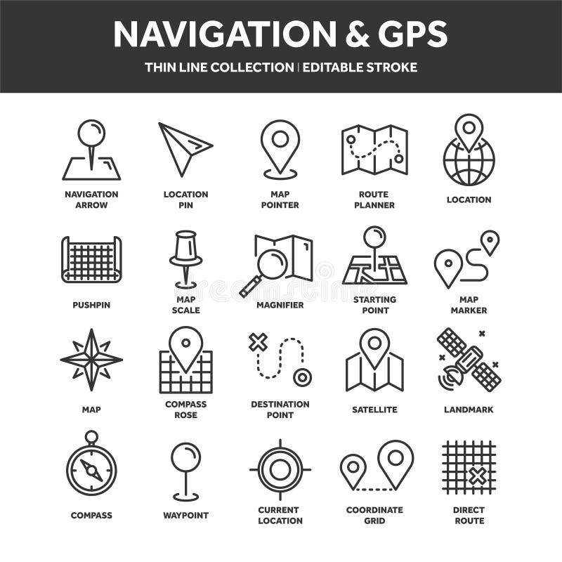 Map and Navigation. GPS Coordinates. Location Icons. Line Art. Stock ...